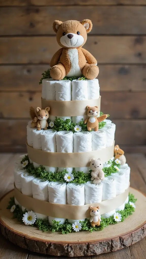 19 Easy Diaper Cake Ideas for First-Time Parents - 1. Woodland Wonder Diaper Cake