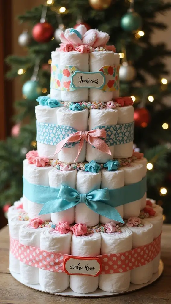 19 Easy Diaper Cake Ideas for First-Time Parents - 10. Customizable Tiered Diaper Cake