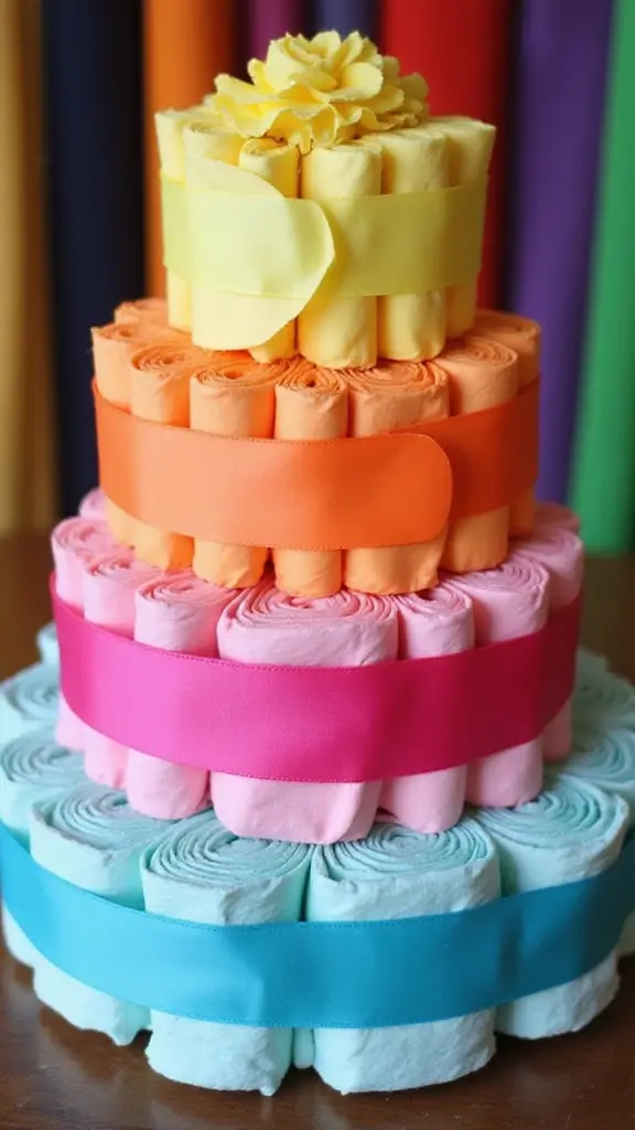 19 Easy Diaper Cake Ideas for First-Time Parents - 12. Color Block Diaper Cake