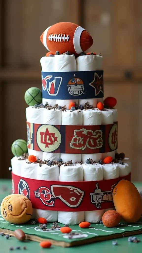 19 Easy Diaper Cake Ideas for First-Time Parents - 14. Sports Fan Diaper Cake