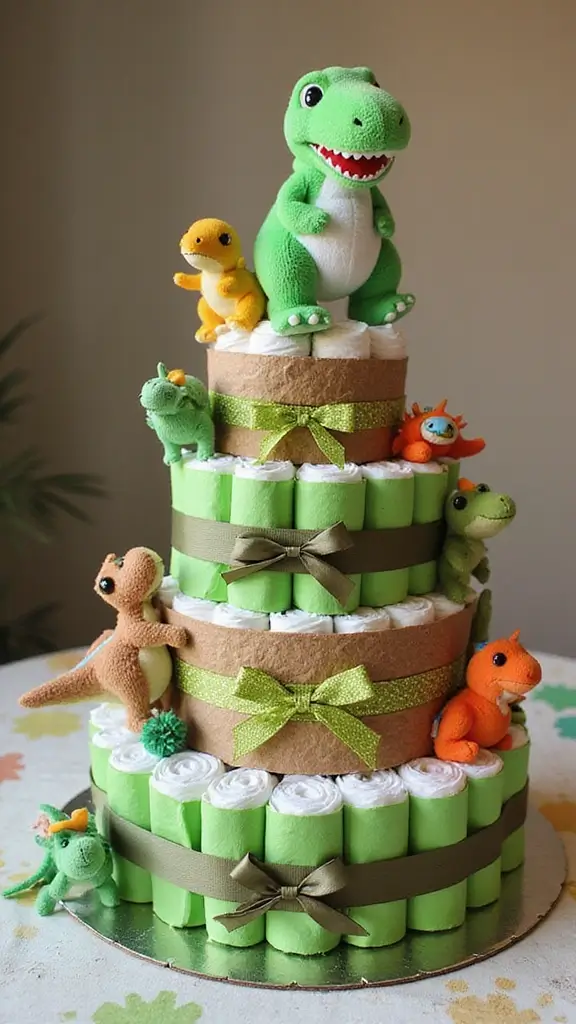 19 Easy Diaper Cake Ideas for First-Time Parents - 17. Dino-Mite Diaper Cake
