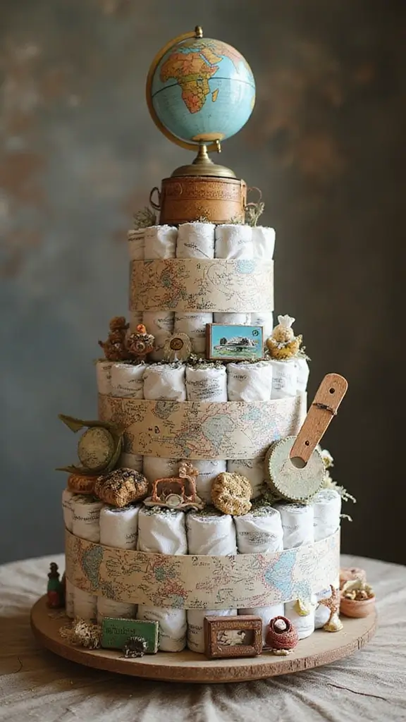 19 Easy Diaper Cake Ideas for First-Time Parents - 19. Travel the World Diaper Cake