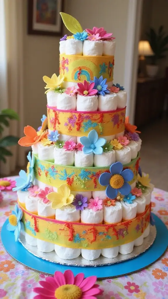 19 Easy Diaper Cake Ideas for First-Time Parents - 2. Rainbow Dreams Diaper Cake