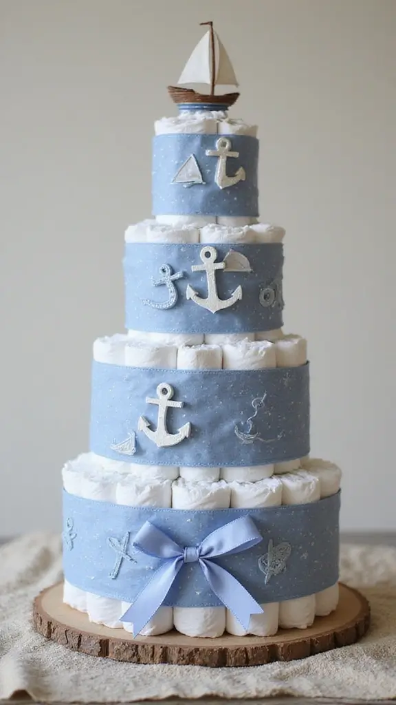 19 Easy Diaper Cake Ideas for First-Time Parents - 3. Nautical Adventure Diaper Cake