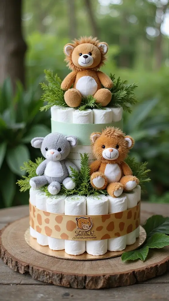 19 Easy Diaper Cake Ideas for First-Time Parents - 5. Baby Safari Diaper Cake