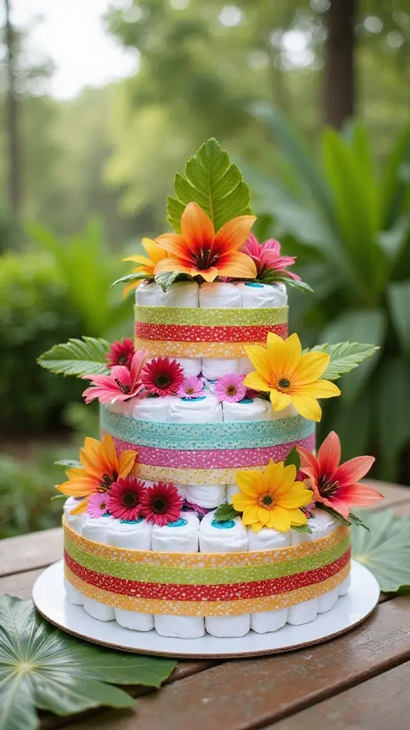 19 Easy Diaper Cake Ideas for First-Time Parents - 8. Tropical Paradise Diaper Cake