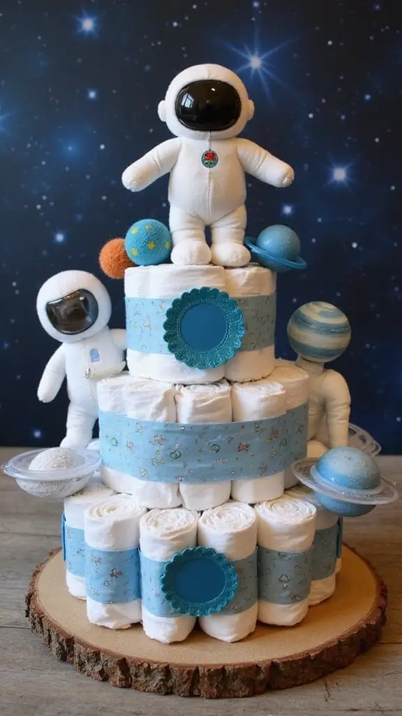 19 Easy Diaper Cake Ideas for First-Time Parents - 9. Space Explorer Diaper Cake