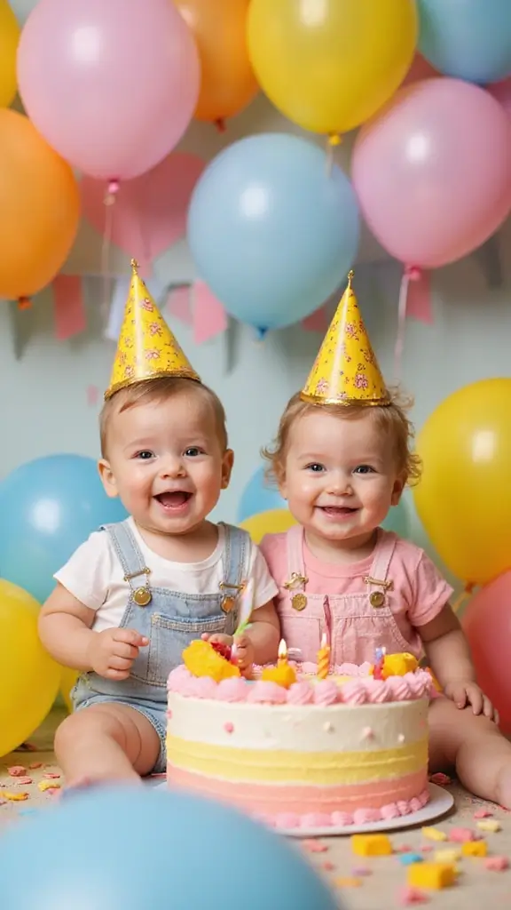 27 Adorable Twin Baby Photos That Melt Hearts - 10. Birthday Bash Fun