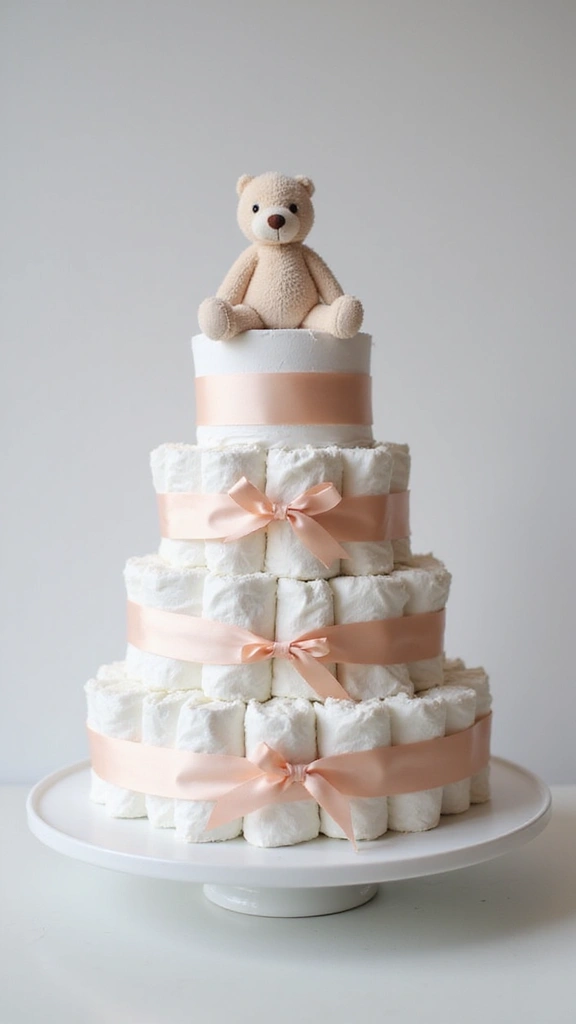 Elegant diaper cake adorned with fresh and artificial flowers in soft pastels