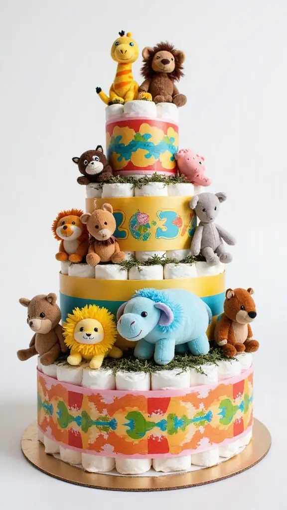 Diaper cake decorated with colorful animal plushies and safari-themed ribbons