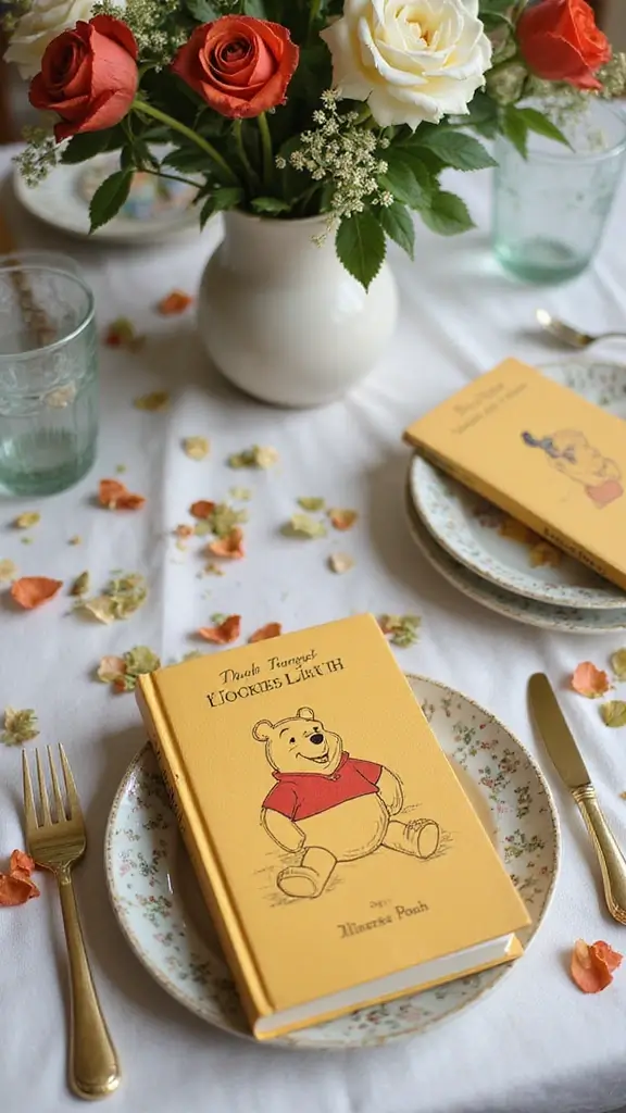 23 Winnie the Pooh Baby Shower Decoration Ideas - 13. Storybook Table Decor