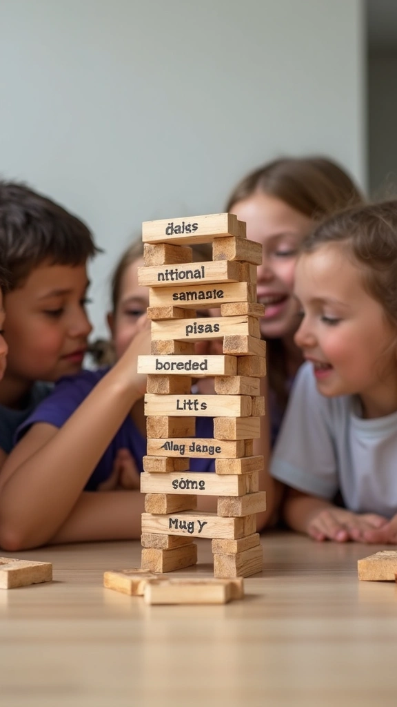 24 Fun English Learning Activities for Kids That Will Make Them Love Language! - 3. Word Jenga