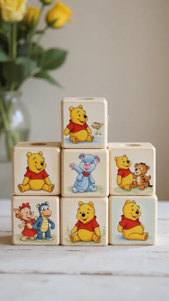 26 Winnie the Pooh Baby Shower DIY Decoration Ideas - 18. Customized Pooh Bear Baby Blocks