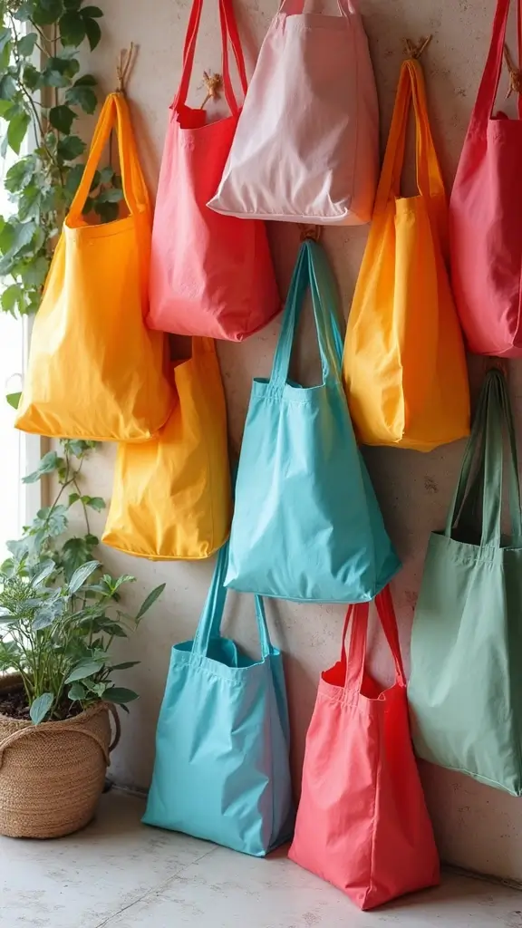 15 DIY Decor Hacks Every Mom Should Try (You Won't Believe #8!) - 8. Reusable Shopping Bags Wall Art