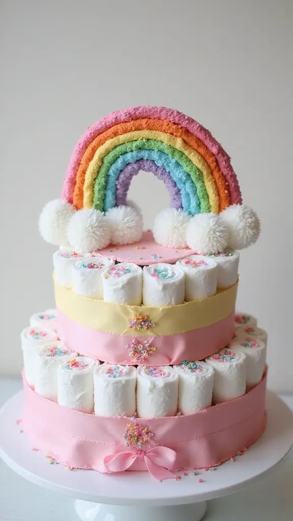 21 Unique Diaper Cake Ideas That Will Melt Any Mom’s Heart - 14. Rainbow Delight