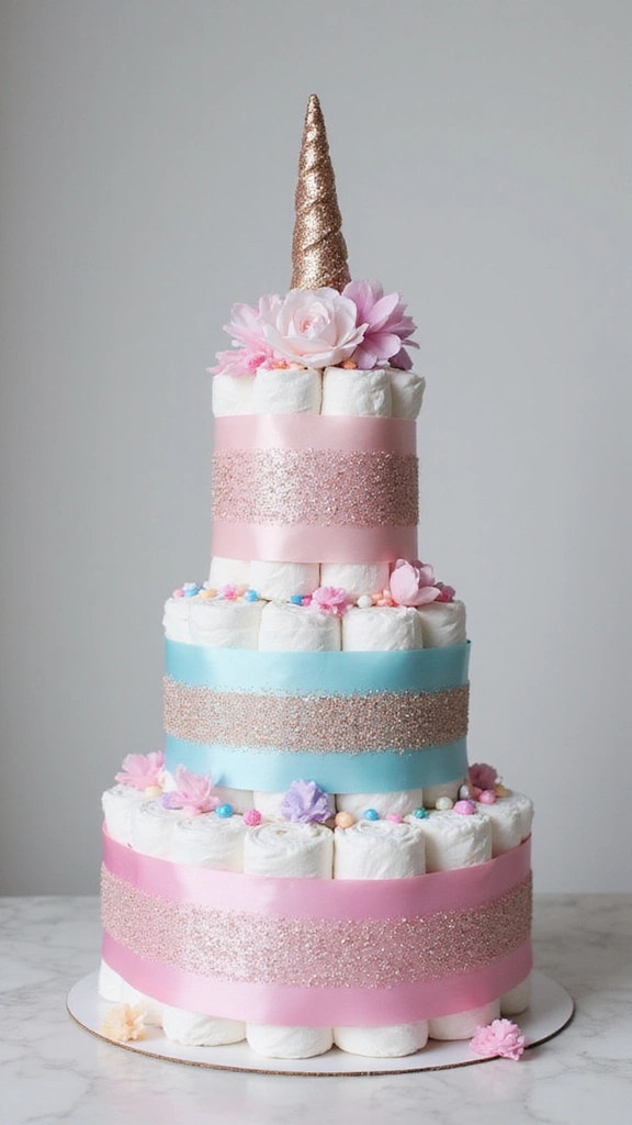 23 Inspiring Diaper Cake Ideas to Welcome Your Little One - 11. Magical Unicorn