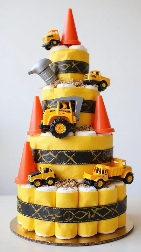 23 Inspiring Diaper Cake Ideas to Welcome Your Little One - 12. Construction Zone