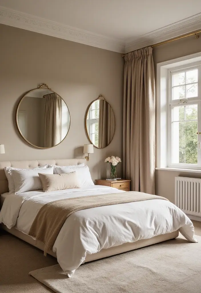 25 Beige Wall Bedroom Ideas That Add Warmth and Sophistication - 15. Mirrors for Light and Space
