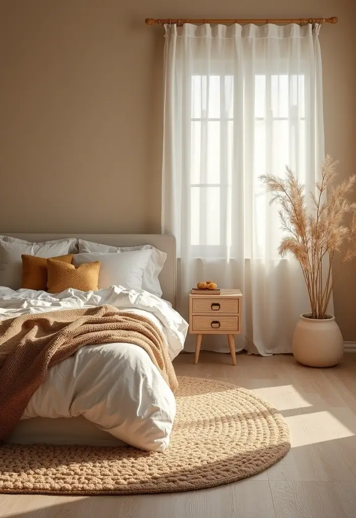 25 Beige Wall Bedroom Ideas That Add Warmth and Sophistication - 17. Warm Rugs to Ground the Space