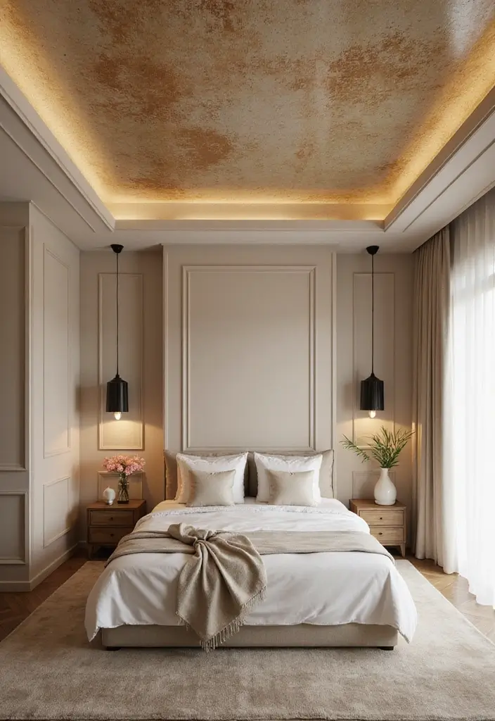 25 Beige Wall Bedroom Ideas That Add Warmth and Sophistication - 20. Statement Ceiling Designs