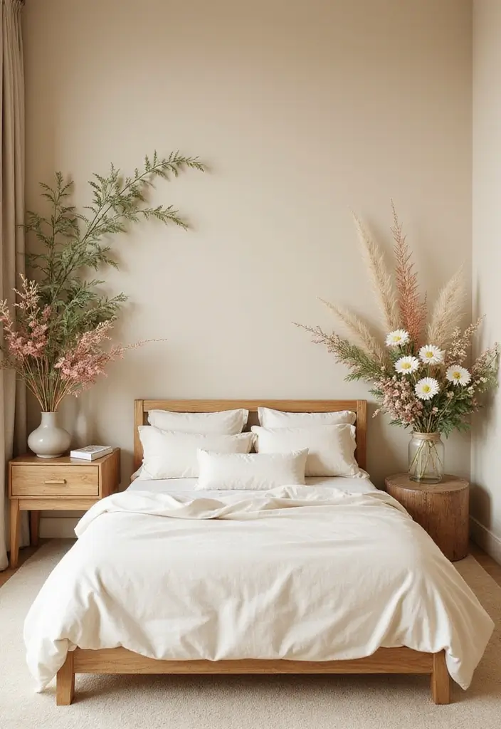 25 Beige Wall Bedroom Ideas That Add Warmth and Sophistication - 21. Fresh Floral Accents