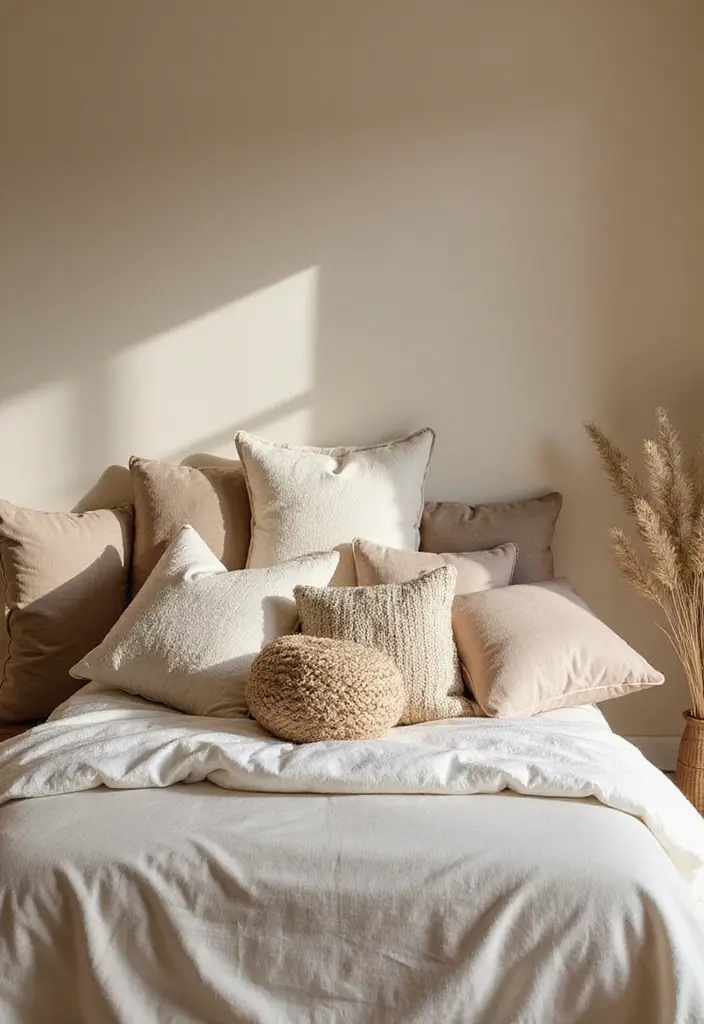 25 Beige Wall Bedroom Ideas That Add Warmth and Sophistication - 23. Cozy Throw Pillows