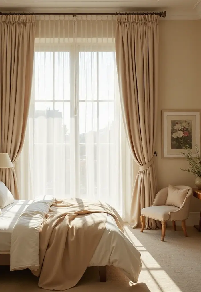 25 Beige Wall Bedroom Ideas That Add Warmth and Sophistication - 9. Soft Drapery for Elegance
