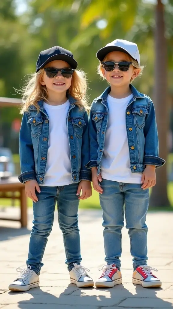 26 Matching Outfit Ideas for Twins You’ll Love - 1. Classic Denim Duo