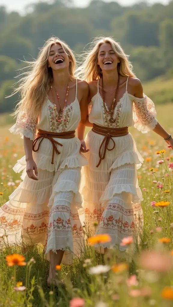 26 Matching Outfit Ideas for Twins You’ll Love - 11. Boho-Chic Ensemble
