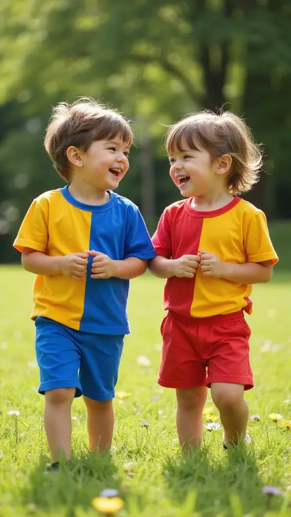 26 Matching Outfit Ideas for Twins You’ll Love - 21. Color Block Fun