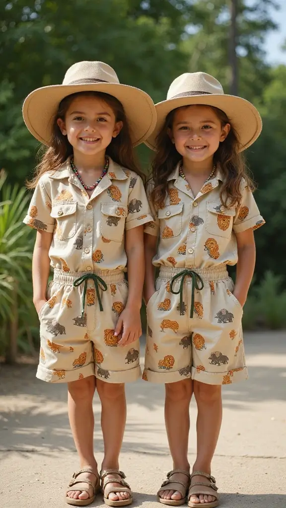 26 Matching Outfit Ideas for Twins You’ll Love - 8. Fun Safari Adventure